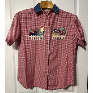 Victoria‎ Jones Red Gingham Embroidered Houses Cottagecore Shirt Women's L